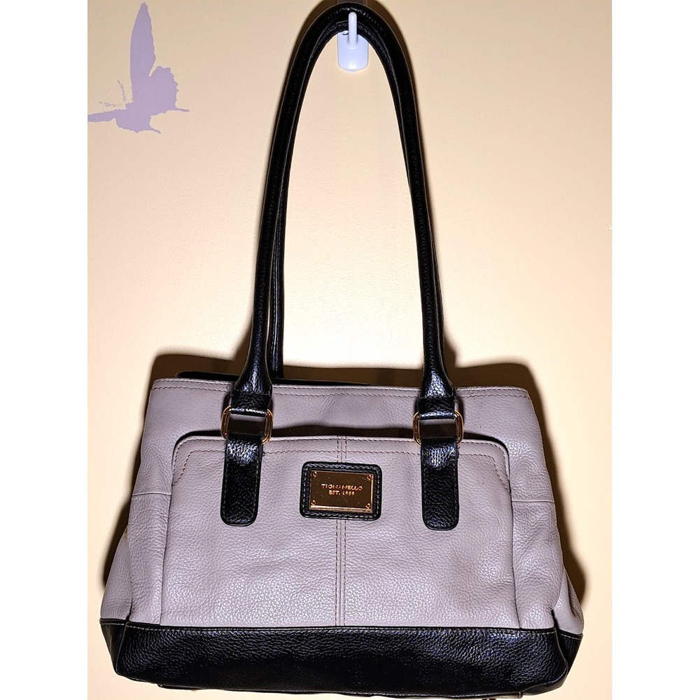Tignanello Women's Taupe/Black Pebble Leather Handbag Shoulder Bag Purse